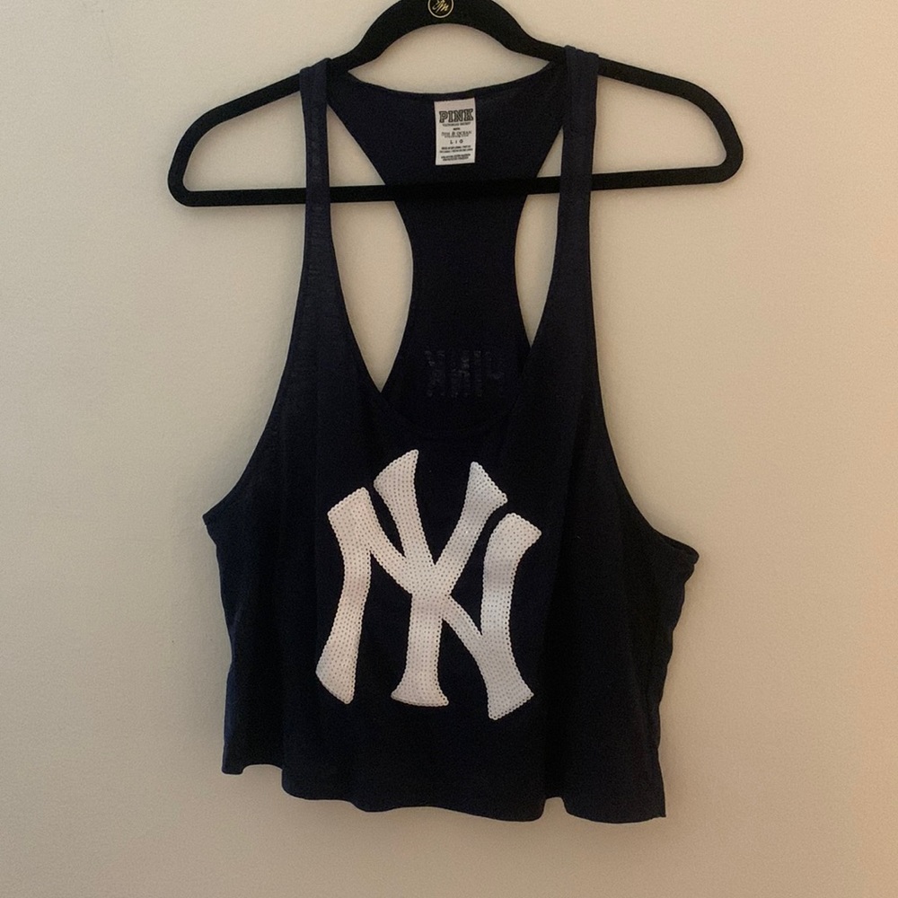 VS Pink Navy Sequin Yankees Cropped Tank Large